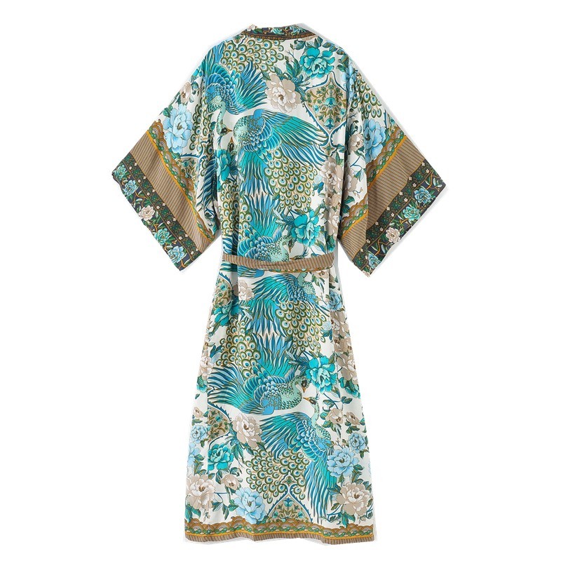 Bohemian V neck Peacock Flower Print Long Kimono Shirt Ethnic Lacing up With Sashes BOHO Cardigan Tie Bow Blouse Tops 210429