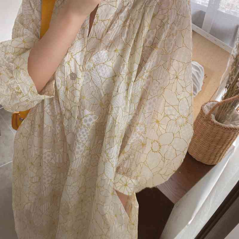 Nomikuma Summer Causal Printed Sun Protection Blouse Dress Puff Sleeve V-neck Vestidos New Loose Woman Dresses 6H395 210427
