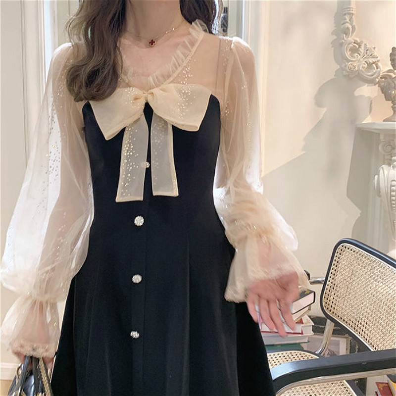 Elegant Mini Party Dress Women Casual Bow Lace Long Sleeve Black Vintage Dress Bow Sexy Dress Korean Spring Chic 210521