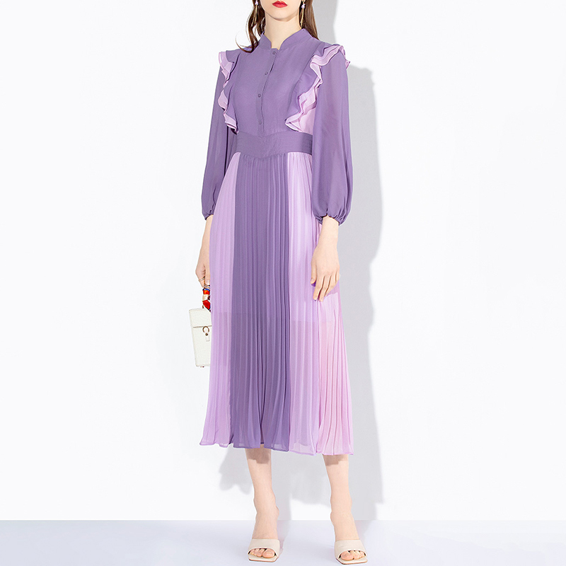 VGH Purple Elegant Dress For Women Stand Collar Lantern Long Sleeve High Waist Midi Pleated Dresses Female Korean Spring Fashion 210421