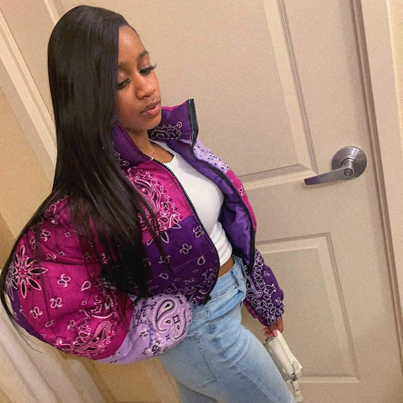 HAOYUAN Casual Print Puffer Bandana Jacket Winter Coat for Women Warm Fashion Clothing Streetwear Crop Parka Puffer Bubble Coat 210823