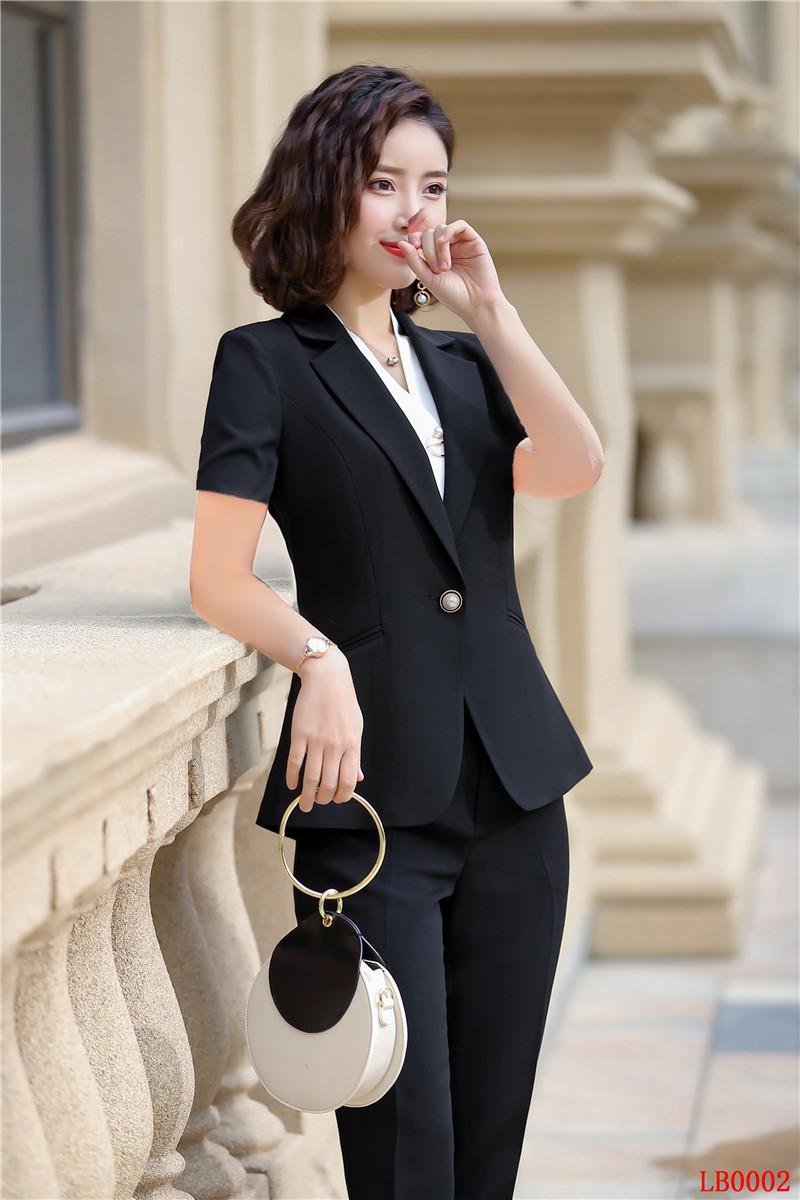 Summer Formal Ladies Pant Suits For Women Business Work Wear Sets Short Sleeve Black Blazer And Jacket Women's Two Piece Pants