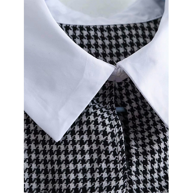 Spring Women Patchwork Tops Plaid Short Puff Sleeves Turn-Down Collar Shirt Chic Lady Fashion Casual Clothes 210517