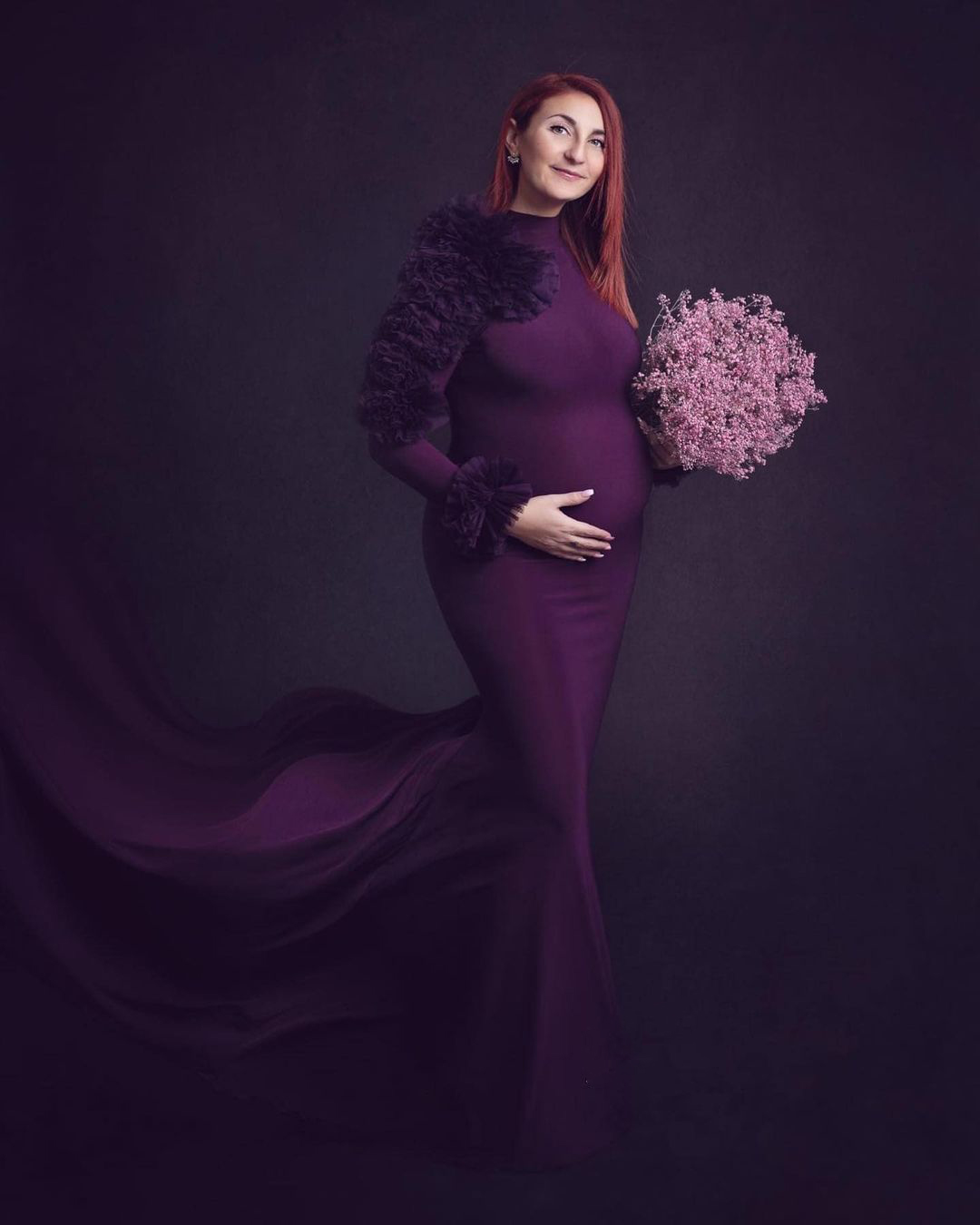 2021 Purple Ruffles Plus Size Pregnant Ladies Maternity Sleepwear Dress High Neck Nightgowns For Photoshoot Lingerie Bathrobe Nightwear Baby Shower