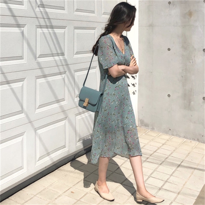 Sexy V neck Girls plus size Summer Boho Party Chiffon Dress print short Sleeve Women Dresses Long Female Robe Vestido 210417Z