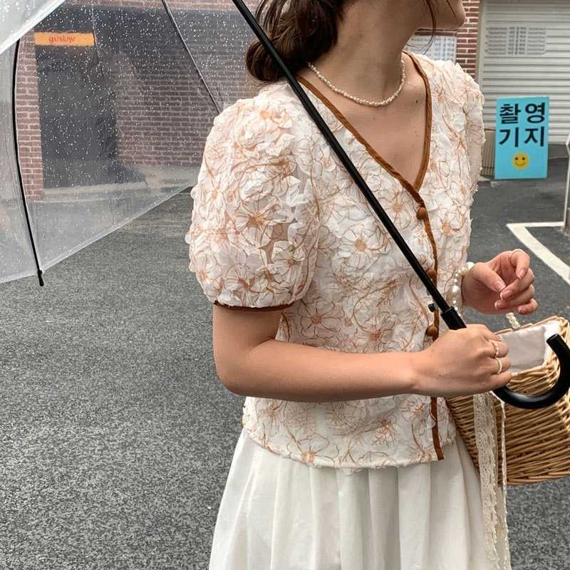 3D Floral French Style Crop Tops Female Elegant Temperament V-neck Cardigan Korean Sweet Fresh Cute All-match Blouses for Women 210525