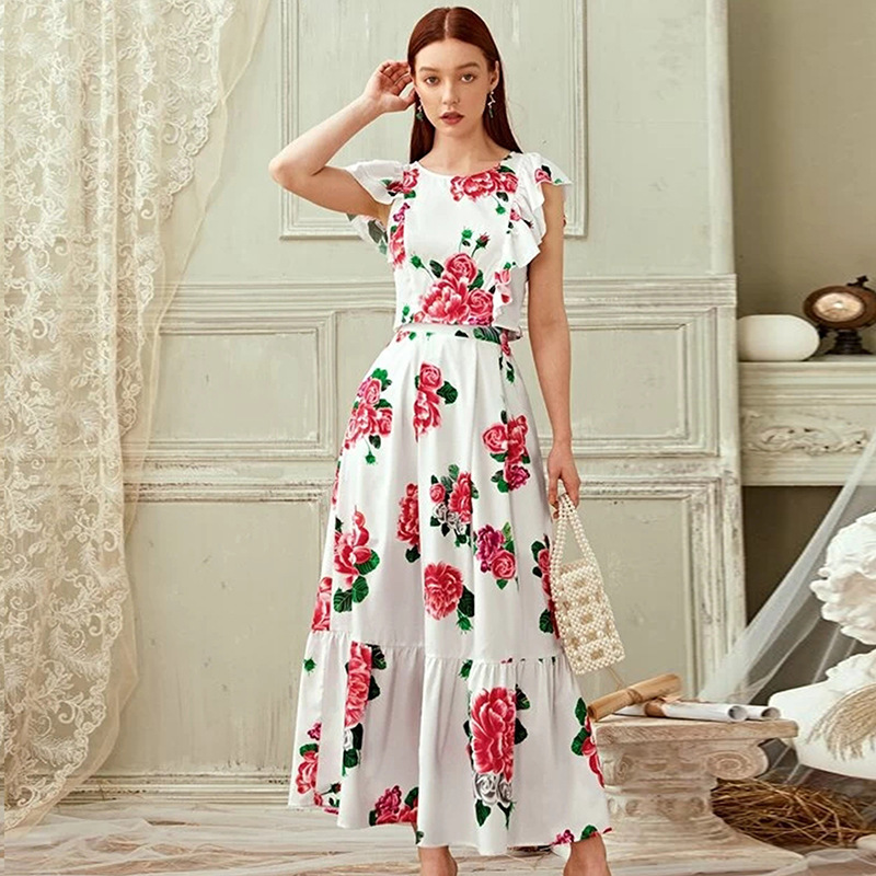 Women Set Skirt s Printing Short Tops High Waist Long Skirts Vintage 2 Piece Fashion 210513