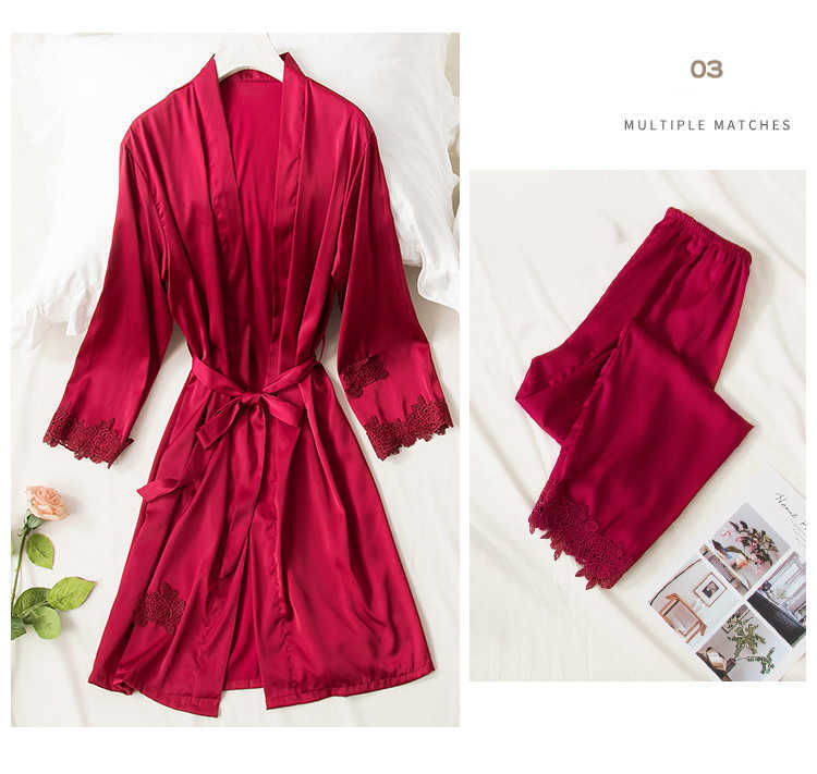 5PCS Robe Sleep Suit Pajamas Set Sexy Lace Stain Red Pajamas Women Silk Pyjamas Dressing Gown Summer Robe Sleepwear Chest Pads 210924