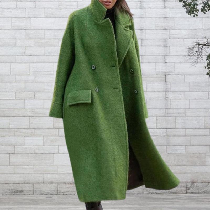 Women's Green Wool Blend Long Winter Coat Double Breasted Lapel Flap Pockets Warm Outerwear B4 - view 6
