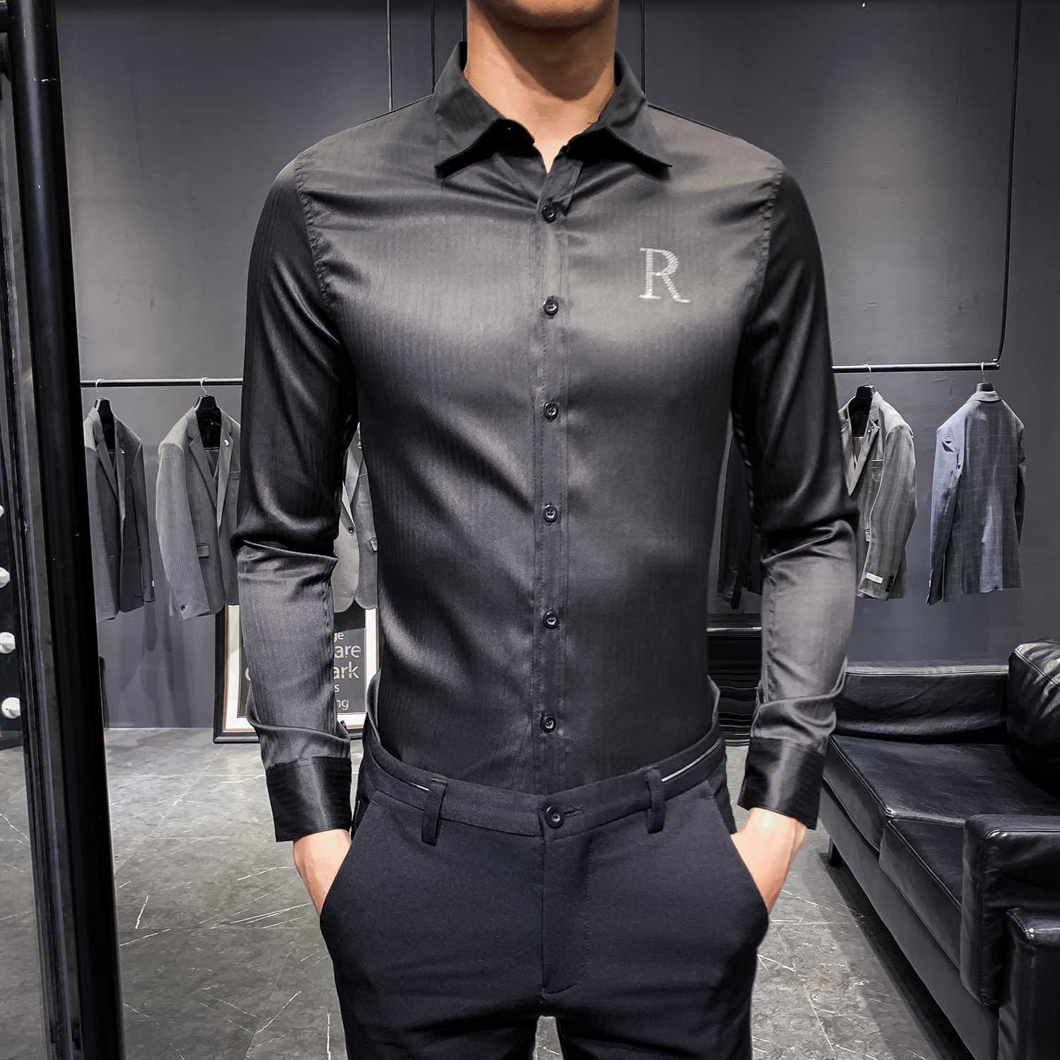 Men Shirt Wing Long Sleeve Casual Slim Fit Dress Shirts Black White Streetwear Camisa Social Masculina 210527