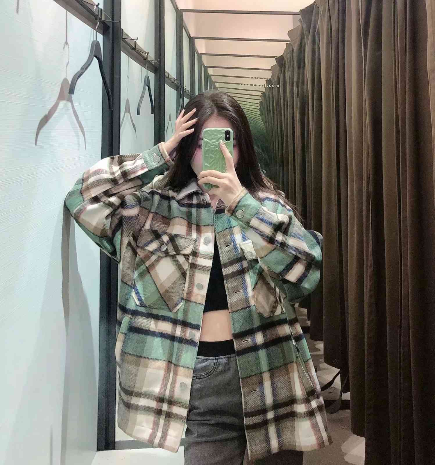 Fashion green Plaid jacket women winter coat Long Sleeve coats and s Oversized 210521