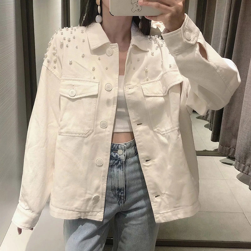 Pearl Decorate Chic Stylish Jacket Women Batwing Long Sleeve Loose White Coat Female Baggy Lady Jackets Outerwear Autumn 210515
