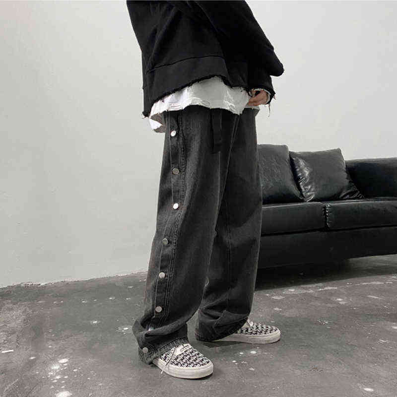 Double Side Button Straight Jeans Men Fashion Streetwear Loose Casual Hip Hop Trousers Wide Leg Harajuku Cargo Pants 211111