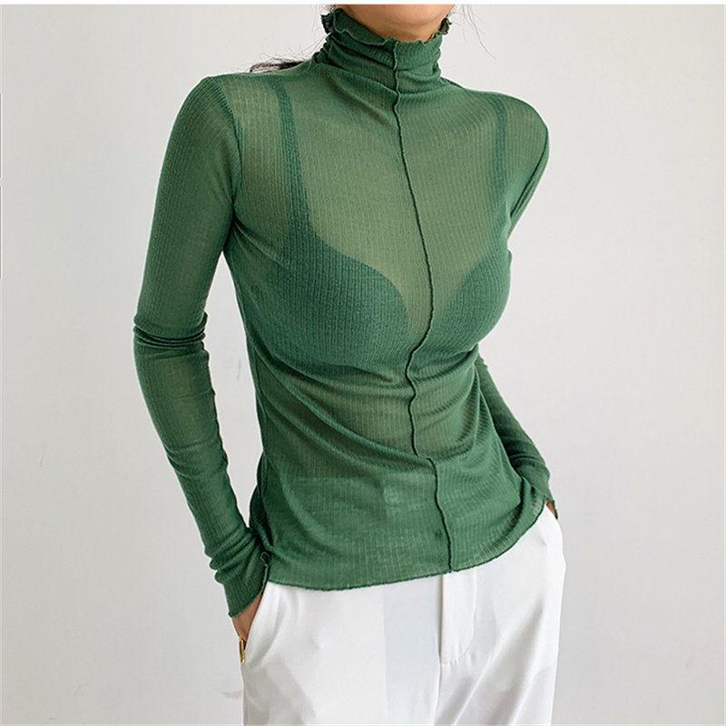 Brief Tops Ruffles Full Sleeves Plus Size Female All Match Turtleneck Solid Basic Women Autumn Slim T-Shirts 210421