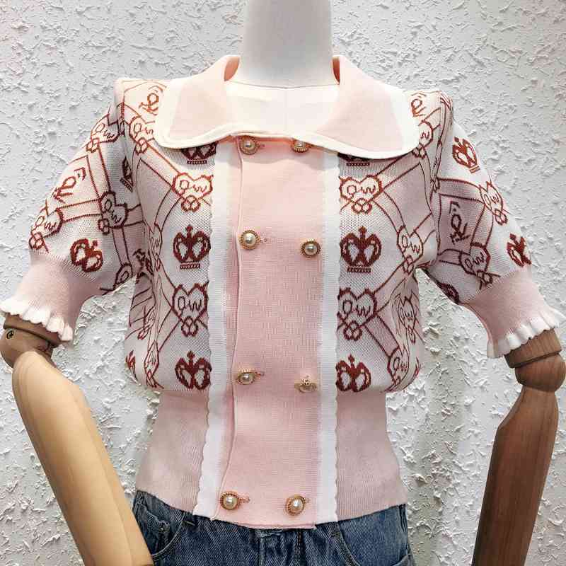 

Women Cropped Cardigan Summer Peter pan collar Double-breasted Short Sleeve Pink Knit Top Shirt Thin Sweater Jacket 210525