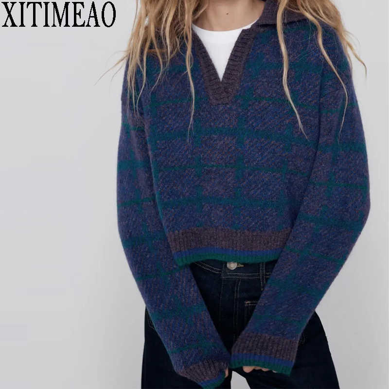 Za Women Check Printing Vintage Knit Polo Collar Sweater Long Sleeves Polo-style Female Casual Knitted Pullover Chic Tops 210602, Blue
Za Women Check Printing Vintage Knit Polo Collar Sweater Long Sleeves Polo-style Female Casual Knitted Pullover Chic Tops 210602, Blue