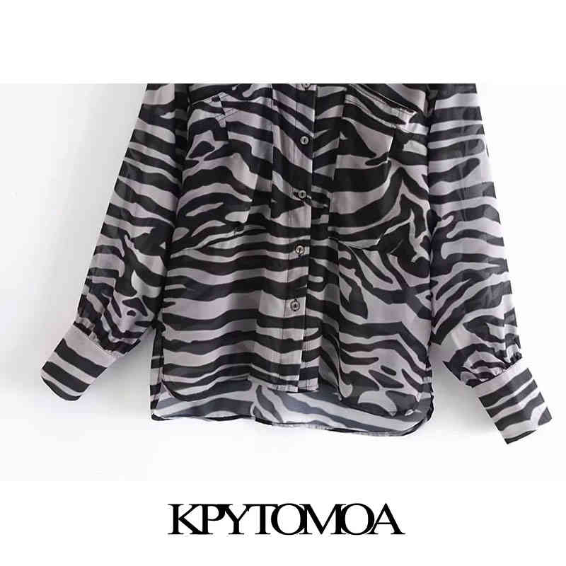 Women Fashion Semi-Sheer Zebra Print Loose Blouses Long Sleeve Pockets Female Shirts Blusas Chic Tops 210420
