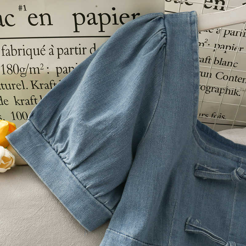 LY VAREY LIN Summer Women Puff Sleeve Square Collar Denim Dress Bow Elegant High Waist Slim Midi A-line Ladies Dresses 210526