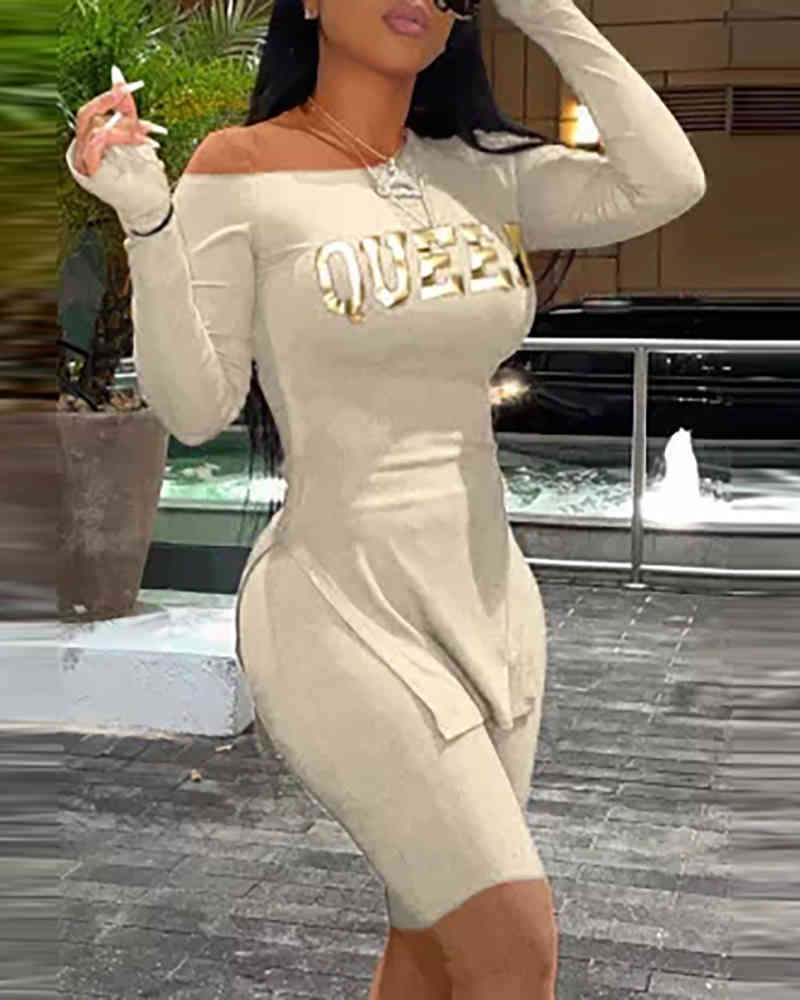 Summer Women Letter Print Top & Leggings Set New Female Slit One Shoulder Top & Sporty Shorts Set Ladies Casual Clothing 210415