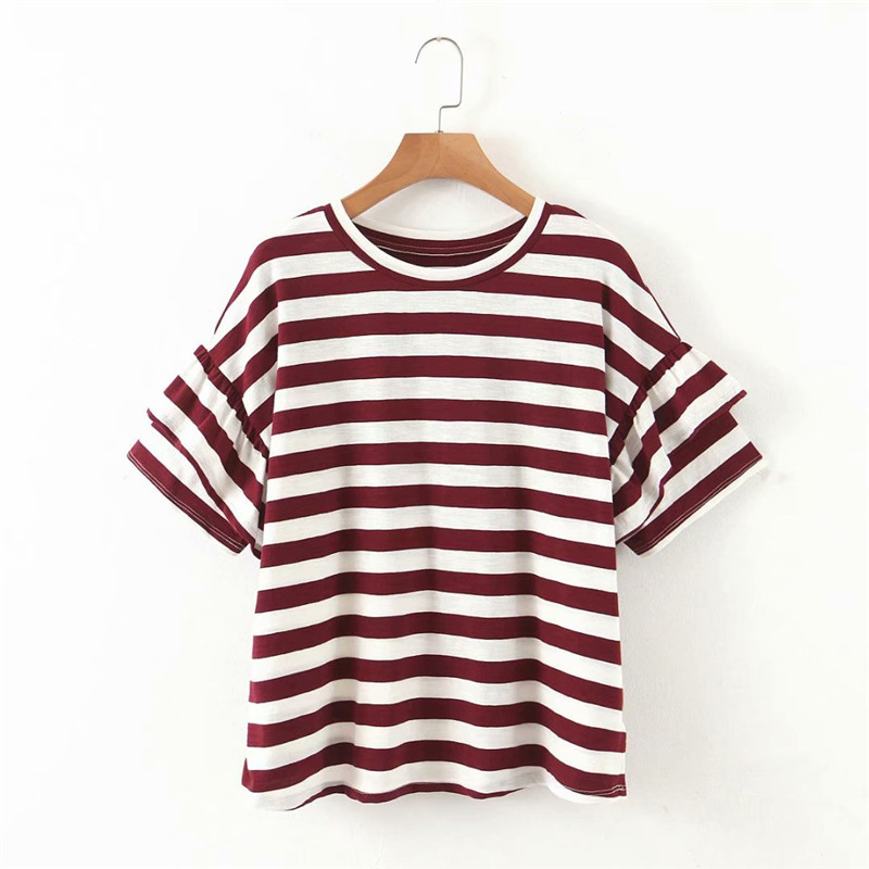women summer casual classic striped print o-neck tshirts tops fashion cascading ruffles short sleeve loose t-shirts femme 210421