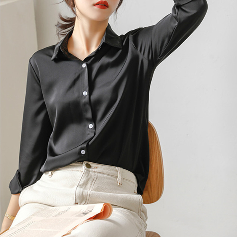 OL Elegant Career Slim Fit Basic Shirt Autumn Tops Lapel Solid Long-sleeved Formal Chiffon Blouses Woman Clothes 210421