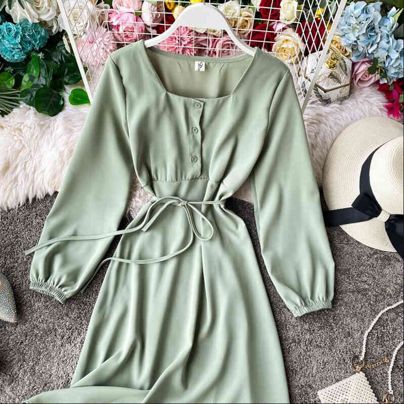Spring Korean Solid Color Dress Women Long Sleeve Slim Party Dress Square Collar Basic Dresses High Waist Elegant Vestidos 210521