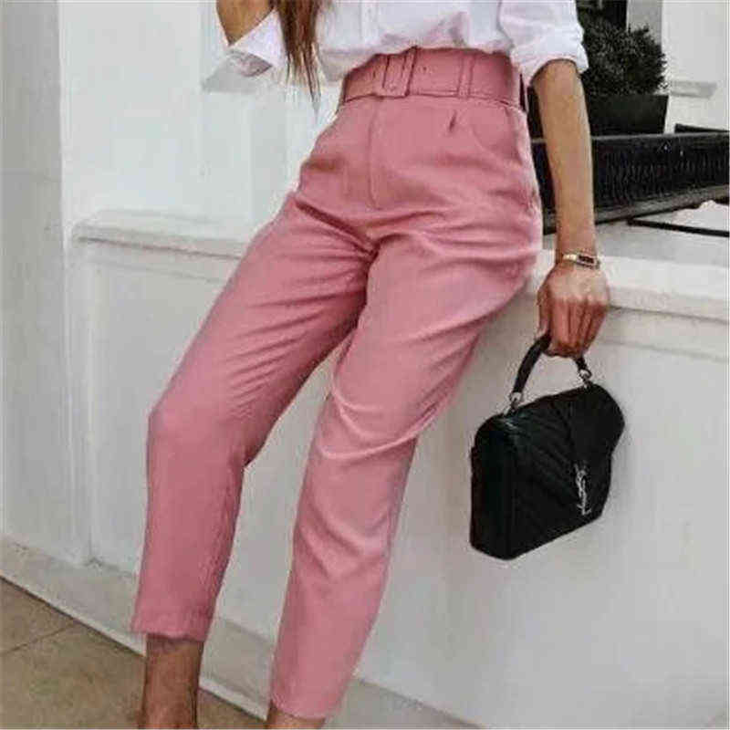BLSQR Autumn Winter Green Suit Pants Woman High Waist Sashes Pockets Office Ladies Fashion Solid Trousers 211115