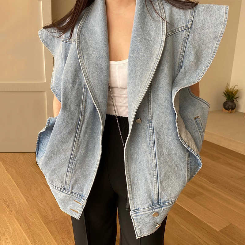 [EWQ] Korea Chic Summer Casual Lapel Ruffled Loose Blue Sleeveless Vest Jacket Women Trendy Ladies Clothing 16E 210819