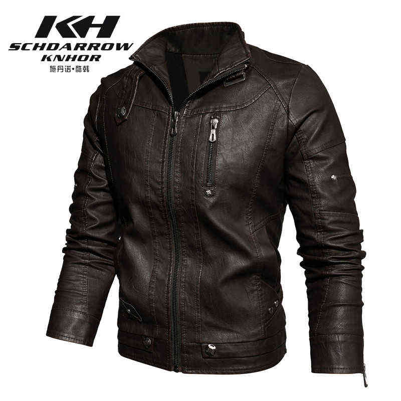 Autumn Winter Men's Motorcycle Leather Jacket Lining with Velvet Stand Collar Faded leisure Artificial Leather Coat 211111