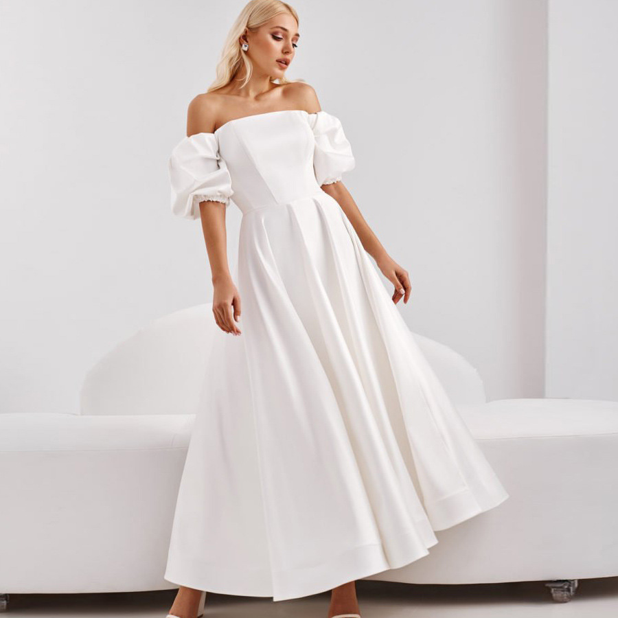 Women Dress Puff Sleeve Slash Neck Sexy Off Shoulder Dresses Plus Size Vintage Beach Summer 210513