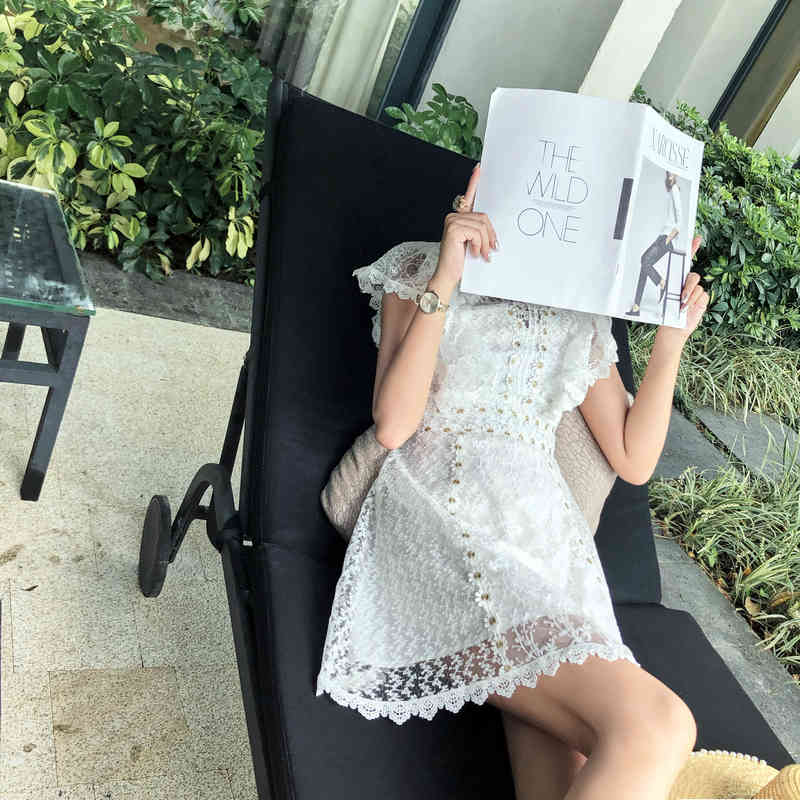 Summer Women Sexy Embroidery Hollow Out White Lace Dress Ladies High Waist Short Sleeve Dress Elegant Party Vestidos 210518
