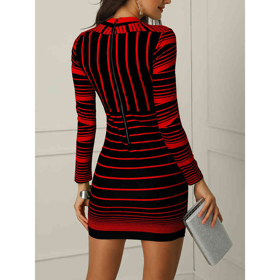 Autumn and winter new women's long-sleeved red striped print sexy bag hip tight dress elegant fashion ladies round neck slim dre 210329