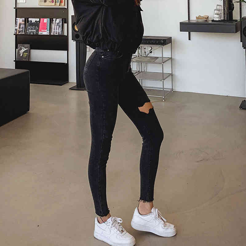 for Women Black Jeans High Waist Skinny Tassel Ripped Holes Female Pencil Denim Trousers Casual Pantalon 10401 210518