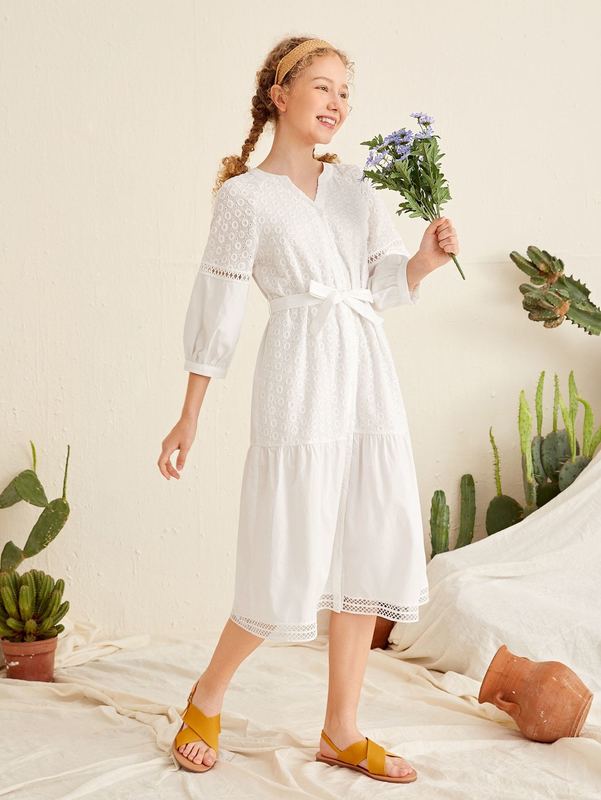 Teen Girls Guipure Lace Insert Self Belted Schiffy Dress SHE