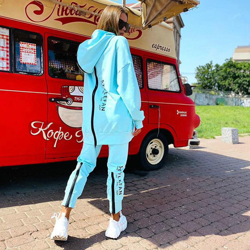 Fashion Harajuku Ladies Loose Letter Sports Suit Casual Zipper Long Sleeve Hooded Collar Sweater and Pants Two-Piece Set 210525