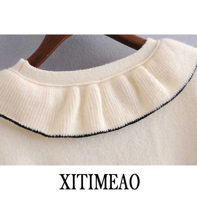Women Simplicity Knitting Cardigans V Neck Collar Long Sleeve Big Pocket Ruffle Sweater Autumn Fashion Coats 210602