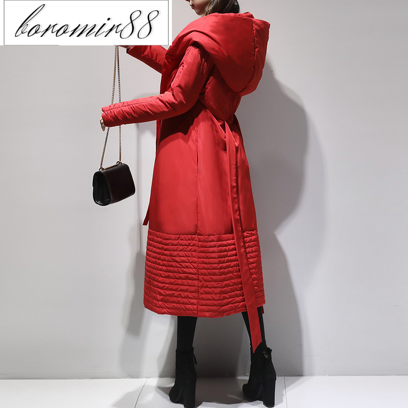 New medium length pure color elastic waist lace up knee down hooded white duck jacket, Red
New medium length pure color elastic waist lace up knee down hooded white duck jacket, Red