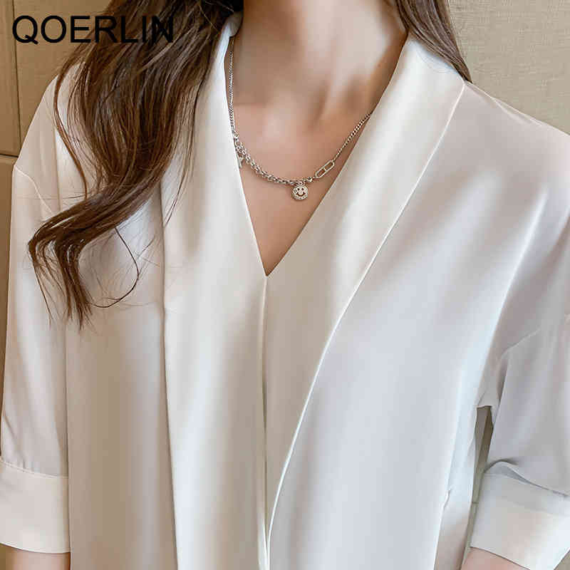 QOERLIN OL Style Formal Black Top Shirts Women Plus Size VNeck Chiffon Shirts Female Elegant Half Sleeve Fashion White Blouse 210412