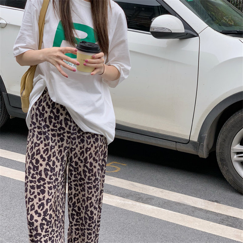 Pleated Leopard Stylish Straight Femme Prom Loose Party High Waist Summer Animal Printed Casual Pants 210421