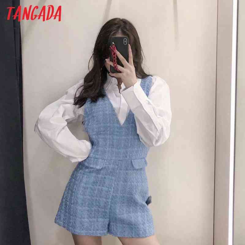 Women Vintage V Neck Tweed Playsuits Back Zipper Sleeveless Rompers Ladies Casual Chic Jumpsuits 3H74 210416