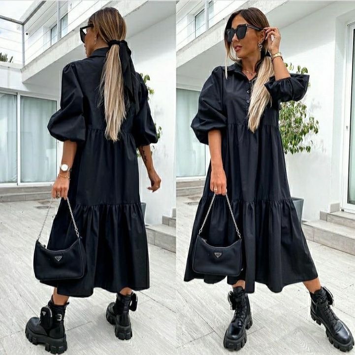 Women Dress Black White Loose Long Casual es Lantern Sleeve Large Hem Shirt es Spring Bohemian 210513
