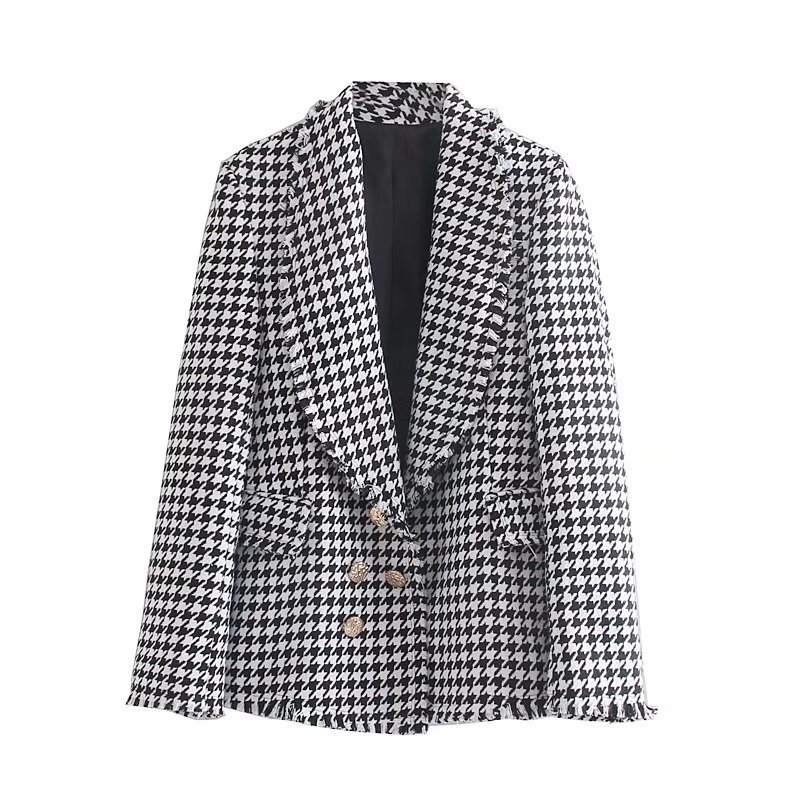 Fashion Houndstooth Blazer Women Elegant Tweed Coat Casual Double Breasted Suit Jacket Long Sleeve Female Chaqueta Mujer 210515
