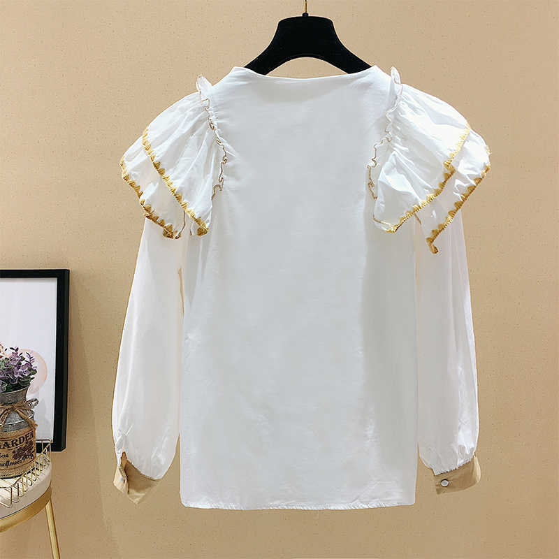 Vintage Contrast Ruffles Patchwork Solid O Neck Full Shirt Women's Spring Top Blouse 210615