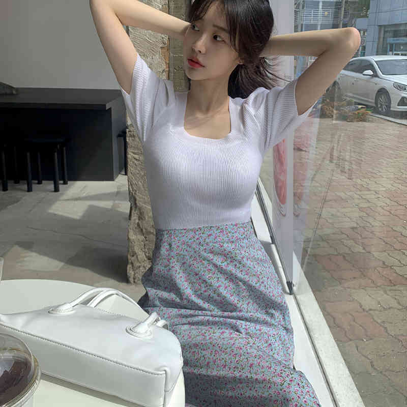 Women Sets Summer Korean Chic Sweet Temperament Square Neck Slim Thin Puff Sleeve Sweater Floral High Waist Skirt 210514