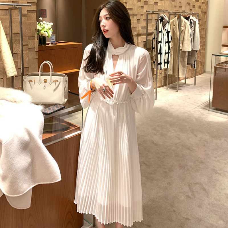 Elegant Chiffon White Dress Women V-Neck Evening Party Midi Dress Female Spring Long Sleeve Office Dress Korean 210521