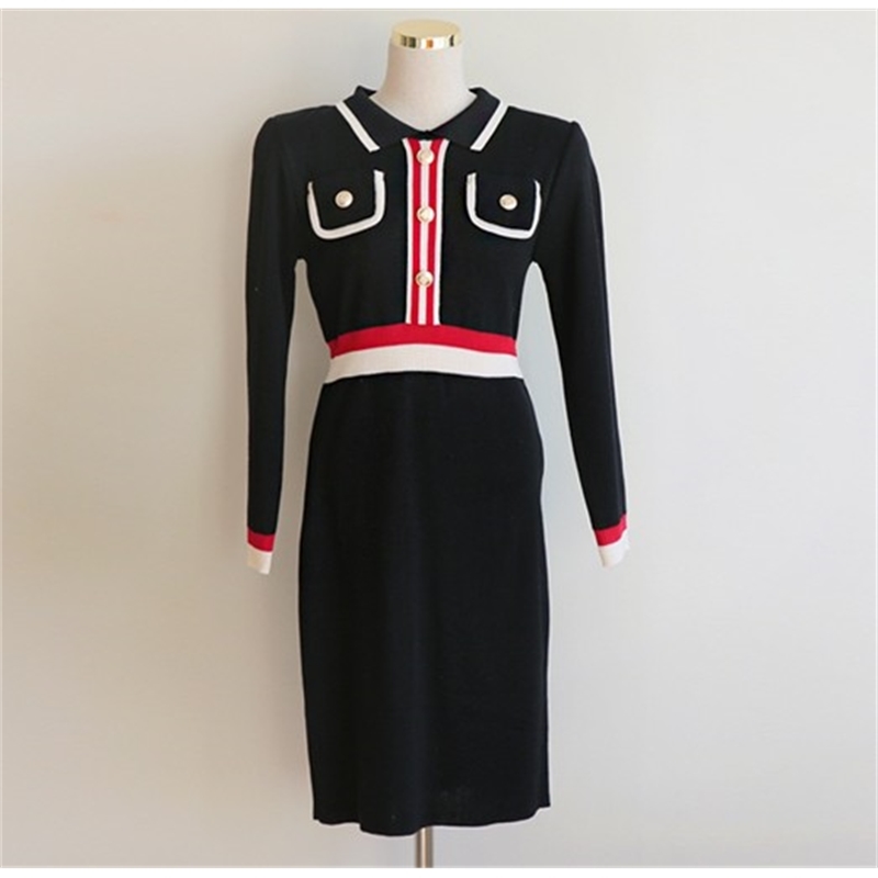 Spring Women's Elegant Ladies Knitted Striped Patchwork Lapel Temperament Vintage Sweater A-line Party Dress 210519