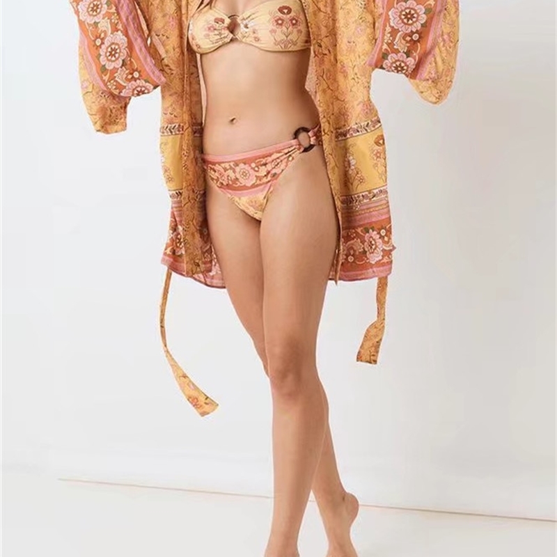 Women Bohemian Yellow V neck Flower Print Kimono Shirt Holiday Beach Tide Bow Sashes Mid Long Cardigan Blouse BOHO Tops 210429