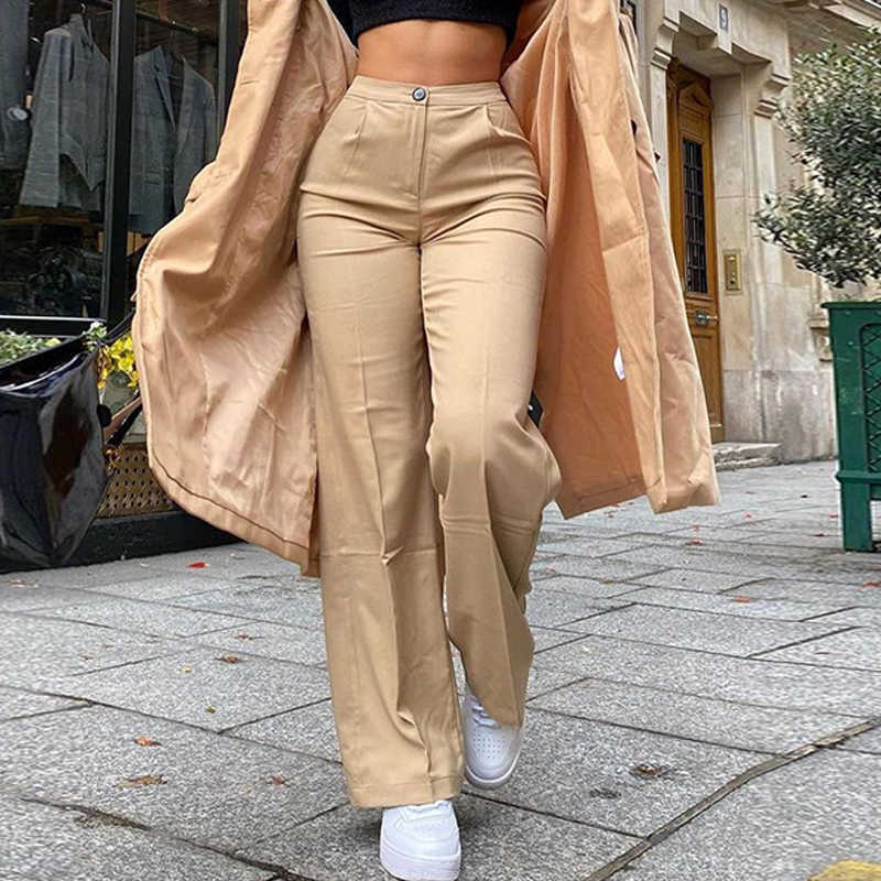 Streetwear Khaki Wide Leg Women Pants Casual Loose High Waist Flared Pants Ladies Long Trousers Pantalon Cargo Femme 211008