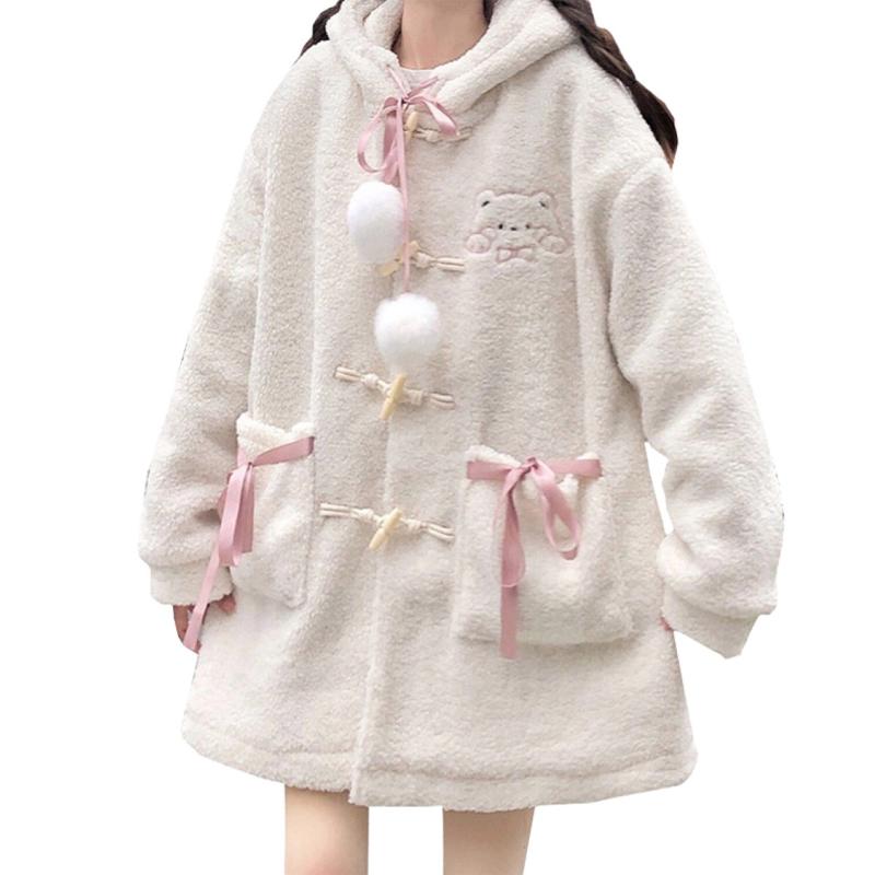 Women' Wool & Blends Fashion Cute Bear Plush Hooded Coat Embroidery Long Sleeve Loose Cardigan Pockets Buttons Down Winter Warm, White
Women' Wool & Blends Fashion Cute Bear Plush Hooded Coat Embroidery Long Sleeve Loose Cardigan Pockets Buttons Down Winter Warm, White