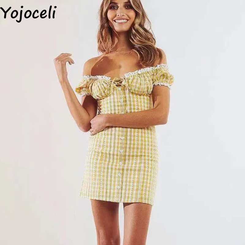 Yojoceli Sexy plaid off shoulder lace short dres Summer elegant casual cool bodycon Beach daily mini vestidos 210609